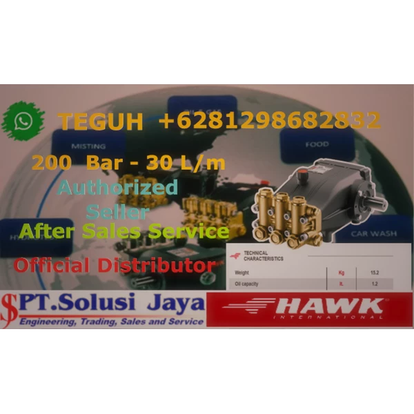 Pompa High Pressure Cleaner Hawk 200 Bar 30 Lpm 15.5 HP 11.4 kW - SJ Pressure Pro