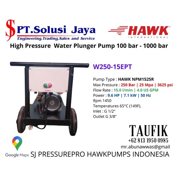 Pompa High Pressure Hydrotest Max Pressure : 250 Bar  25 Mpa  3625 psi Flow Rate : 30.0 lpm  7.9 US GPM HAWK XLT3025IR SJ Pressurepro Hawk Pump O8I3 I95O O985