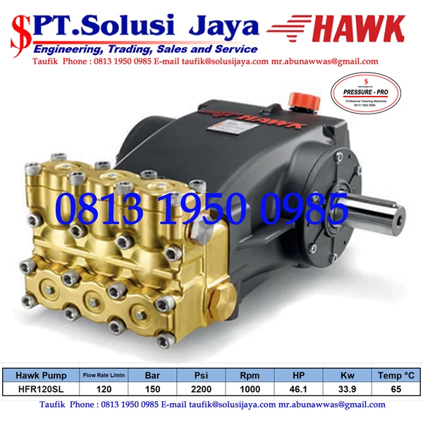 Hydrotest Hawk Pump HFR120SL Flow rate 120 Lpm 150 Bar 2200 Psi 1000 Rpm 46.1 HP 33.9 Kw SJ PRESSUREPRO HAWK PUMPs O8I3 I95O O985