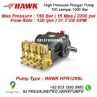 Hydrotest Hawk Pump HFR120SR Flow rate 120 Lpm 150 Bar 2200 Psi 1000 Rpm 47 HP 34 Kw SJ PRESSUREPRO HAWK PUMPs O8I3 I95O O985 3