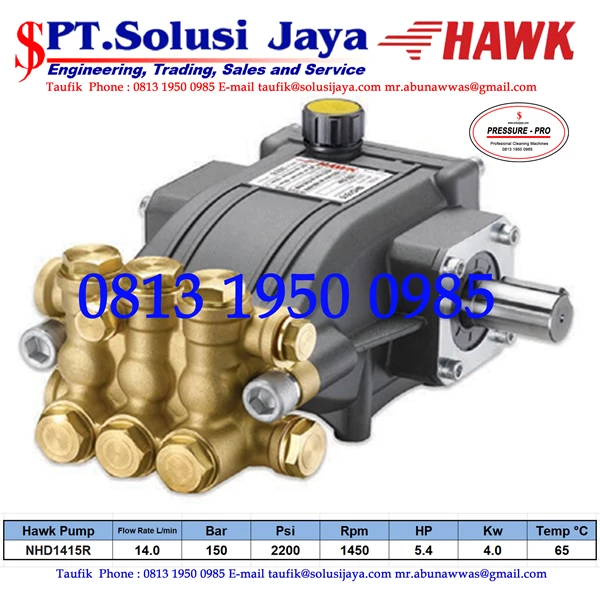 Pompa Hydrotest Hawk Pump NHD1415R Flow rate 14.0Lpm 150Bar 2200Psi 1450Rpm 5.4HP 4.0Kw