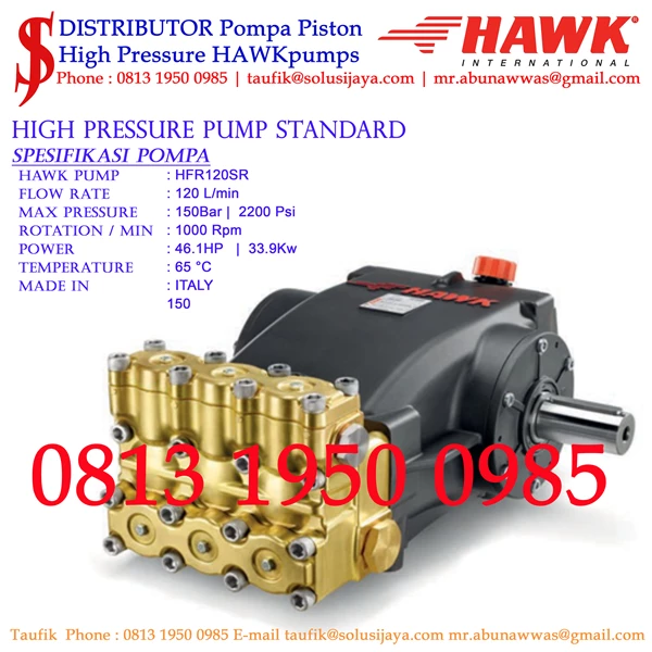 Hydotest Hawk Pump HFR120SR Flow rate 120 Lpm 150 Bar 2200 Psi 1000 Rpm 46.1 HP 33.9Kw SJ PRESSUREPRO HAWK PUMPs (021) 8661 2083 : 0811 913 2005
