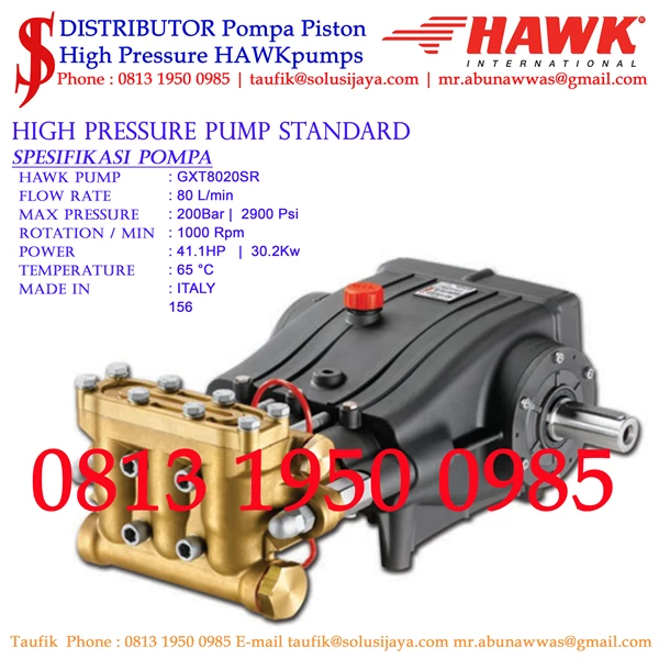Pompa Hydotest Hawk Pump GXT8020SR Flow rate 80 Lpm 200 Bar 2900 Psi 1000 Rpm 41 HP 30 Kw SJ PRESSUREPRO HAWK PUMPs 0811 913 2005 / (021) 8661 2083