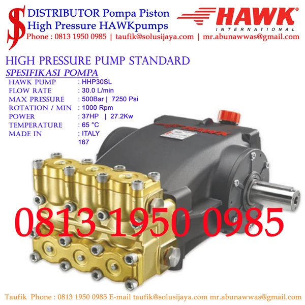 Pompa Hydotest Hawk Pump HHP30SL Flow rate 30.0Lpm 500Bar 7250Psi 1000Rpm 37HP 27.2Kw SJ PRESSUREPRO HAWK PUMPs (021) 8661 2083 : 0811 913 2005