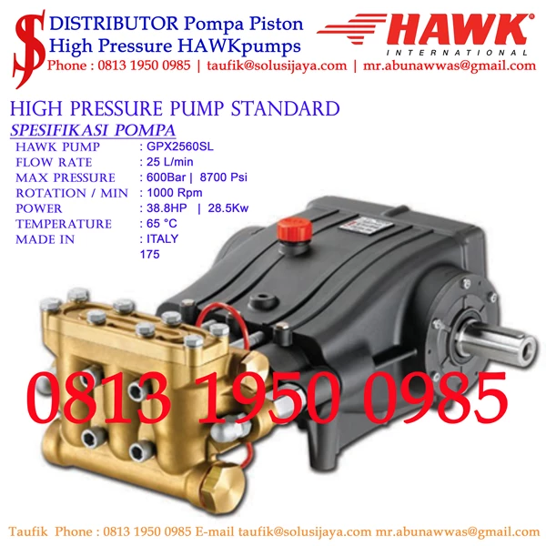 Pompa Hydotest Hawk Pump GPX2560SL Flow rate 25 Lpm 600 Bar 8700 Psi 1000 Rpm 38.8 HP 28.5 Kw SJ PRESSUREPRO HAWK PUMPs (021) 8661 2083 : 0811 913 2005