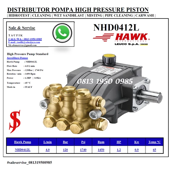 1 - High Pressure Pump 120Bar HAWK  NHD0412L Flow rate 4.0Lpm 120Bar 1740Psi 1450Rpm 1.2HP 0.9Kw