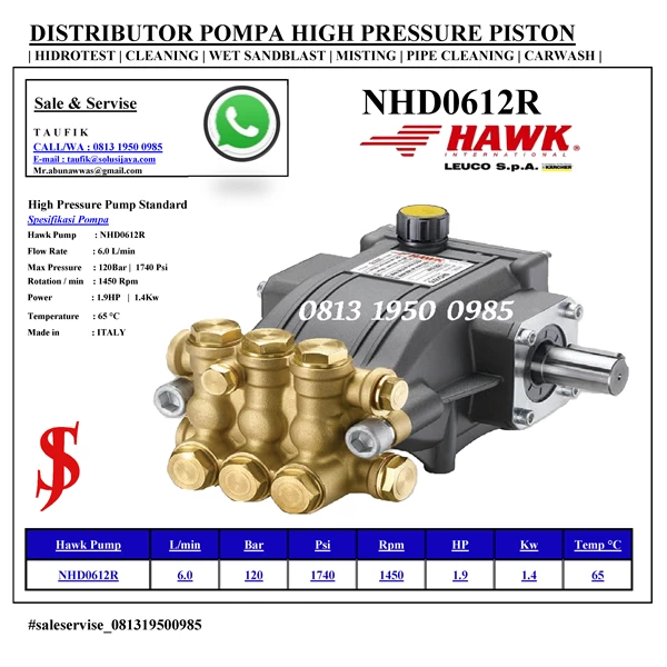 High Pressure Pump Hawk Pump NHD0612R Flow rate 6.0Lpm 120Bar 1740Psi 1450Rpm 1.9HP 1.4Kw SJ PRESSUREPRO HAWK PUMPs O8I3 I95O O985