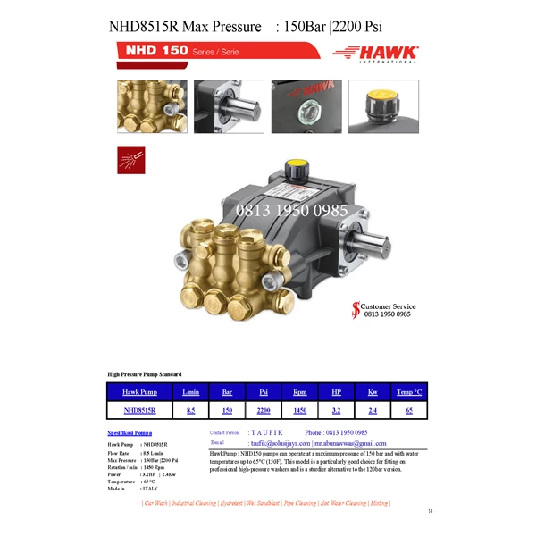 14 High Pressure Pump Hawk Pump NHD8515R Flow rate 8.5Lpm 150Bar 2200Psi 1450Rpm 3.2HP 2.4Kw