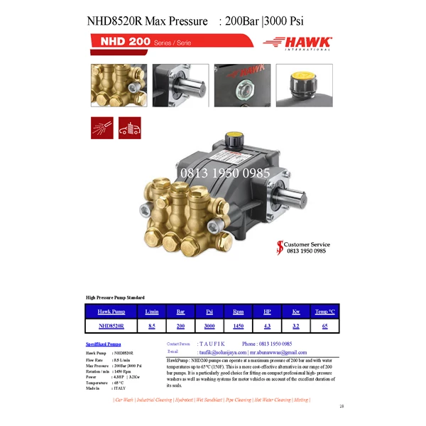 High Pressure Pump Hawk Pump NHD8520R Flow rate 8.5Lpm 200Bar 3000Psi 1450Rpm 4.3HP 3.2Kw SJ PRESSUREPRO HAWK PUMPs O8I3 I95O O985