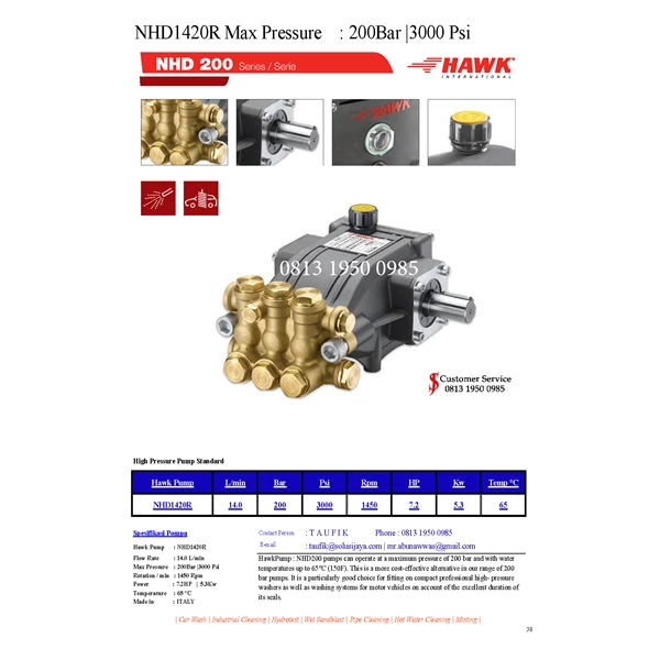 High Pressure Pump Hawk Pump NHD1420R Flow rate 14.0Lpm 200Bar 3000Psi 1450Rpm 7.2HP 5.3Kw SJ PRESSUREPRO HAWK PUMPs O8I3 I95O O985