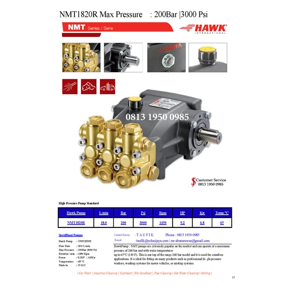 High Pressure Pump Hawk Pump NMT1820R Flow rate 18.0Lpm 200Bar 3000Psi 1450Rpm 9.2HP 6.8Kw SJ PRESSUREPRO HAWK PUMPs O8I3 I95O O985