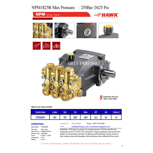 High Pressure Pump Hawk Pump NPM1825R Flow rate 18.0Lpm 250Bar 3625Psi 1450Rpm 11.5HP 8.3Kw SJ PRESSUREPRO HAWK PUMPs 0811 913 2005