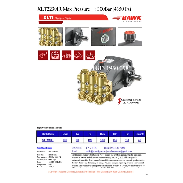 High Pressure Pump Hawk Pump XLT2230IR Flow rate 22.0Lpm 300Bar 4350Psi 1450Rpm 16.6HP 12.2Kw