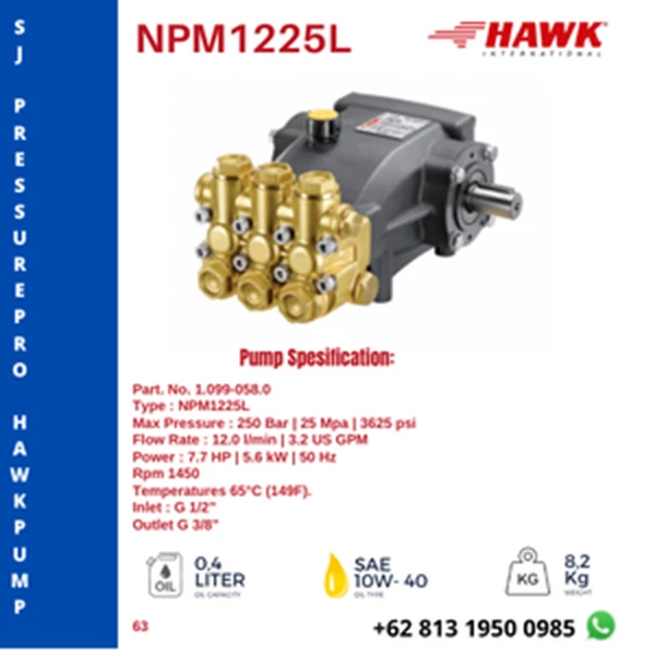 High Pressure Pump HAWK  250 Bar NPM1225L SJ PRESSUREPRO HAWK PUMPs O8I3 I95O O985