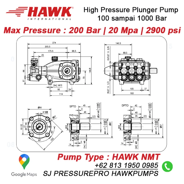 Pompa Hydrotest NMT1220L 200Bar 20Mpa 2900psi 12.5 l/min SJ PRESSUREPRO HAWK PUMPs O8I3 I95O O985