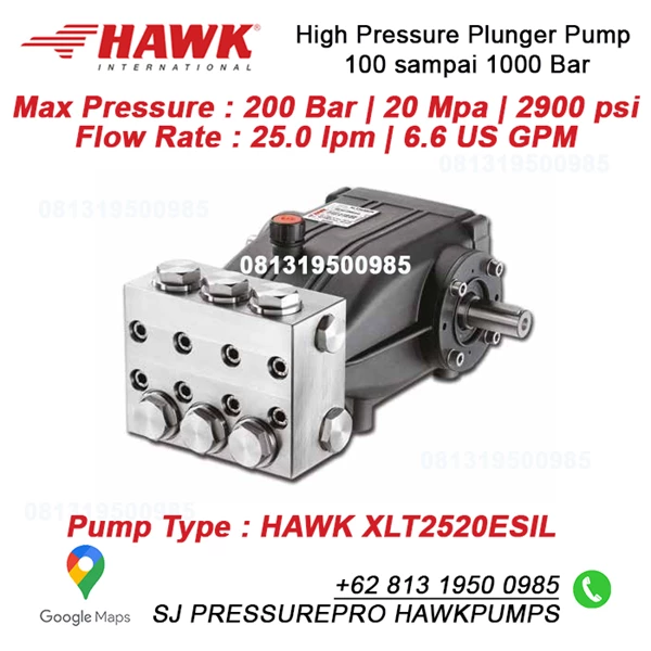 High Pressure Homogenizer Pump Max Pressure : 200 Bar  20 Mpa  2900 psi Flow Rate : 25.0 lpm  6.6 US GPM hawk XLT2520ESIL SJ Pressurepro Hawk Pump O8I3 I95O O985