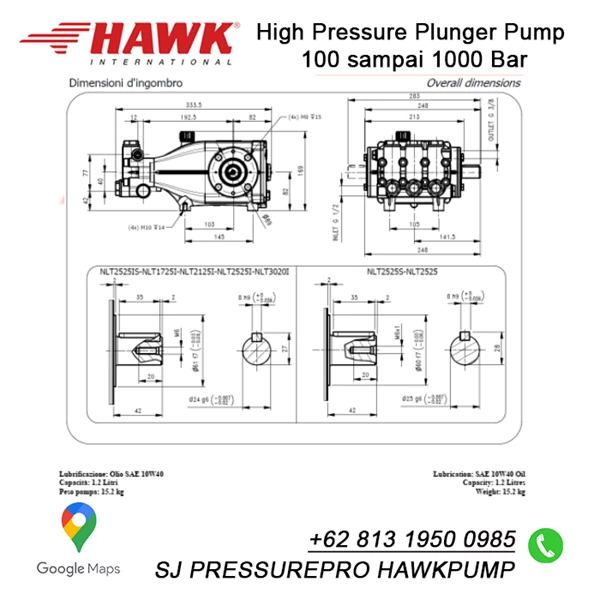 Mesin Hydrotest Max Pressure : 250 Bar  25 Mpa  3625 psi Flow Rate : 17.0 lpm  4.5 US GPM HAWK NLT1725IL SJ Pressurepro Hawk Pump 0811 913 2005
